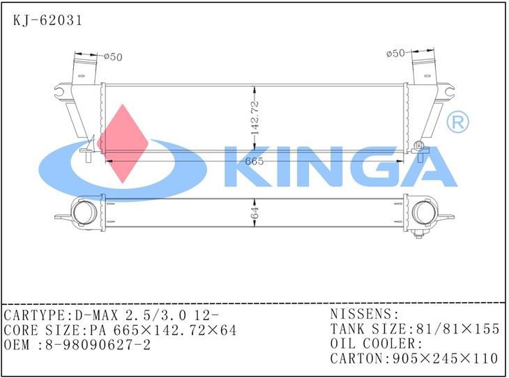 FIT FOR ISUZU D-MAX 2.5/3.0 12- INTERCOOLER OEM: 8-98090627-2