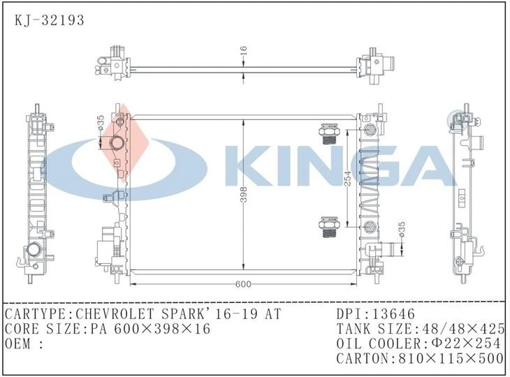 FITS CHEVROLET SPARK' 16-19 AT RADIATOR DPI: 13646